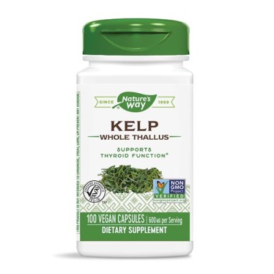 Kelp Whole Thallus 600 мг 100/180 веган капсули | Nature‘s Way Поддържа здрава щитовидната жлеза Съдържа витамин К, магнезий и витамин В9 Може да увеличи нивата на йод в организма Келп (Кафяви Водора Kelp Whole Thallus 600 мг 100/180 веган капсули | Natur