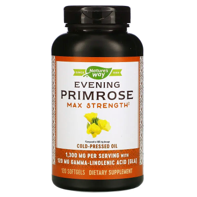Evening Primrose Max Strength 1300 мг 120 гел-капсули | Natures Way Високо съдържание на ненаситени мастни киселини LA и GLA Има положителен ефект върху сърдечно-съдовата система Облекчава симптомите на Evening Primrose Max Strength 1300 мг 120 гел-капсул