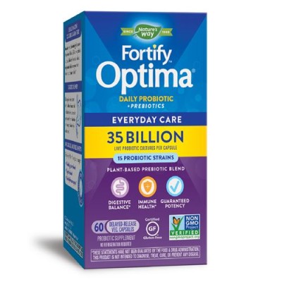 Fortify Optima 35 Billion CFUs 60 веге капсули | Natures Way Отделя ензими за подпомагане на правилното храносмилане Произвежда органични съединения, които спират размножаването на вредните бактерии Fortify Optima 35 Billion CFUs 60 веге капсули | Natures