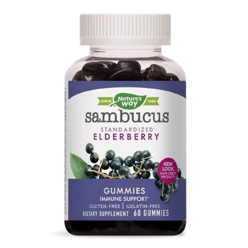 Sambucus 60 желирани таблетки | Natures Way Подпомага естествените защитни сили на организма Формула с още по-силно действие на екстракта от черен бъз Предпазва от настинки и грип през есенно-зимния сезо Sambucus 60 желирани таблетки | Natures Way Подпома