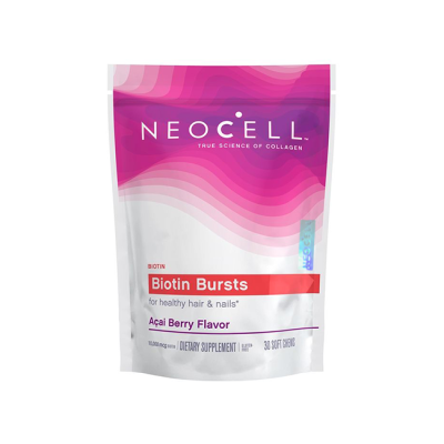 Биотин Bursts + Acai Berry 30 бр. дъвчащи бонбони I Neocell Предпазва от сухост на косата Заздравява ноктите Подобрява състоянието на дермата Подпомага синтеза на важни ензими и хормони За по-добър обме Биотин Bursts + Acai Berry 30 бр. дъвчащи бонбони I 