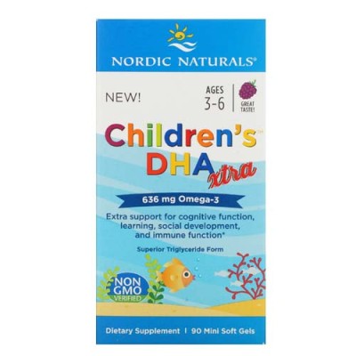 Childrens DHA Xtra Омега-3 636 мг 90 мини гел-капсули | Nordic Naturals Подпомага развитието на нервната система Подпомага когнитивните способности Подобрява имунитета DHA Омега-3 за деца 3-6 Години м Childrens DHA Xtra Омега-3 636 мг 90 мини гел-капсули 