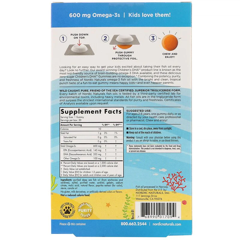 Childrens DHA 600 mg Omega-3 30 желирани таблетки | Nordic Naturals Childrens DHA 600 mg Omega-3 30 желирани таблетки | Nordic NaturalsЗа изграждане и функциониране на мозъчната функция на децата
Подобрява имунната система
Невероятен вкус на тр Childrens DHA 600 mg Omega-3 30 желирани таблетки | Nordic Naturals За изграждане и функциониране на мозъчната функция на децата Подобрява имунната система Невероятен вкус на тропически плодове, който се Childrens DHA 600 mg Omega-3 30 желирани таблетки |