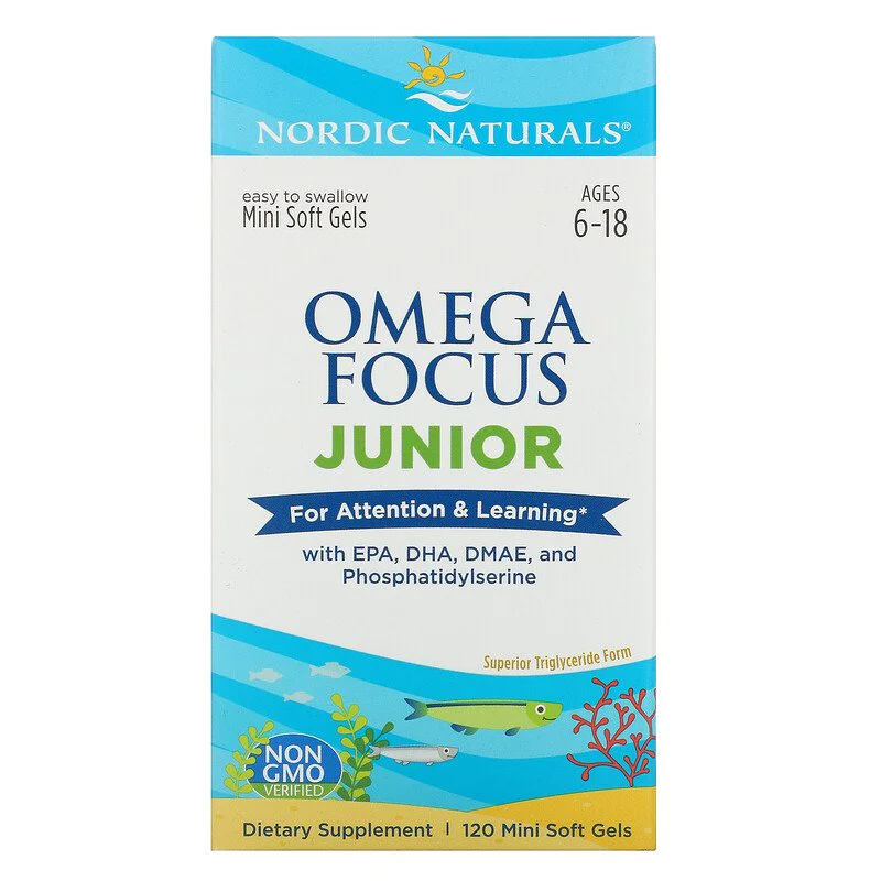 Omega Focus Junior 120 мини гел-капсули | Nordic Naturals Подпомага мозъчната функция и здраве при децата и юношите Подобрява концентрацията и фокуса Стимулира продължителния и качествен сън Омега-3 за Под Omega Focus Junior 120 мини гел-капсули | Nordic 