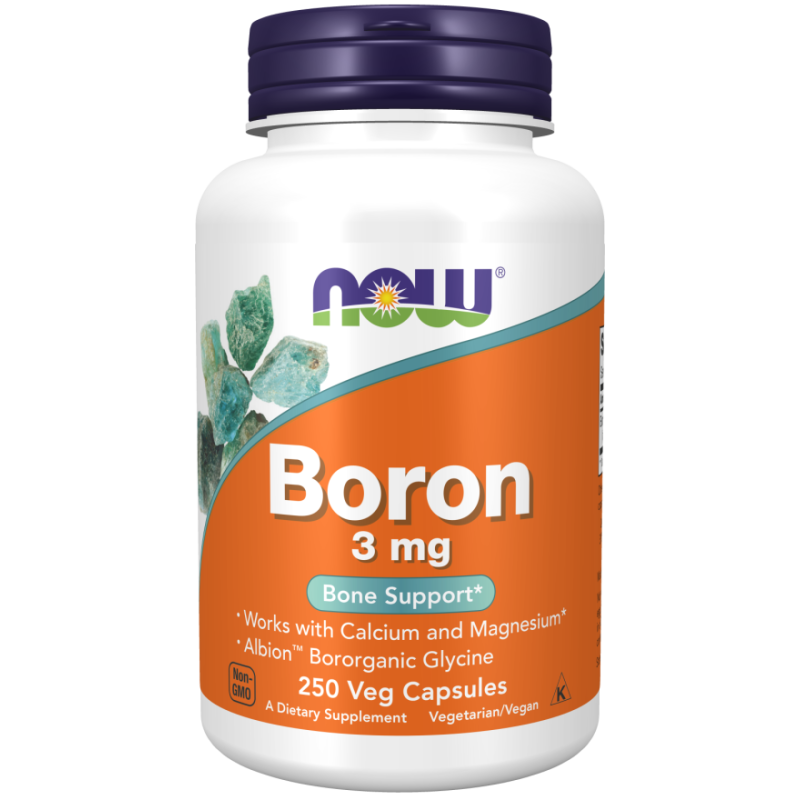 Бор (Boron) 3 мг 250 веге капсули | Now Foods Понижава холестерола Използва се за облекчение на артрита Повишава плътността на костите Укрепва ставите Бор е минерал, който е много важен за организма Бор (Boron) 3 мг 250 веге капсули | Now Foods Понижава х
