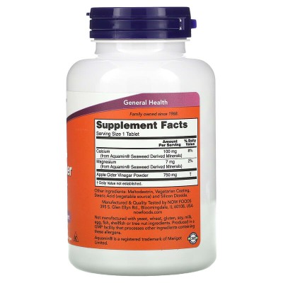 Extra Strength Apple Cider Vinegar 750 мг 180 таблетки | Now Foods