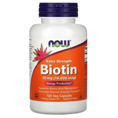Extra Strength Biotin 10 мг (10 000 IU) 120 веге капсули | Now Foods Спомага за преработката на хранителните вещества от храната, която приемате Грижи се за здравето на косата, кожата и ноктите За нормална не Extra Strength Biotin 10 мг (10 000 IU) 120 ве