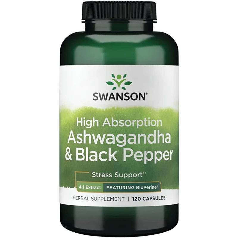 [High Absorption Ashwagandha & Black Pepper 120 капсули | Swanson Премахва депресията, тревожните мисли и стреса Действа отпускащо на тялото Помага за по-бързо преминаване през негативните мисли Действа