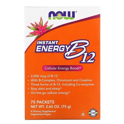 Витамин B12 Instant Energy 75 пакета от Now Foods Удобен за прием и бързодействащ витамин В12 Съдържа B-Complex, Хром и Креатин Три форми на В-12, комбинирани с коензими Укрепва нервната система  В Витамин B12 Instant Energy 75 пакета от Now Foods Удобен 