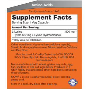L-Lysine Лизин 500 мг 100 веге капсули | Now Foods