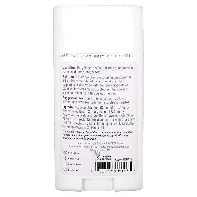 Long-Lasting Deodorant Stick Lavender 62 гр | Now Foods Long-Lasting Deodorant Stick Lavender 62 гр | Now Foods