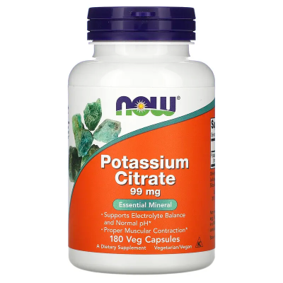 Potassium Citrate 99 мг 180 капсули | Now Foods Съдържа оптимална доза калий в по-усвоима форма Поддържа нормално ниво на течности в тялото и клетките Осигурява здравословен киселинно-алкален баланс Нормал Potassium Citrate 99 мг 180 капсули | Now Foods С