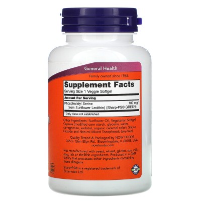 Sunflower Phosphatidyl Serine 100 мг 60 веге гел-капсули | Now Foods Изцяло натурален продукт, без съдържание на соя Стимулира запомнянето, подобрява паметта Срещу развитие на Алцхаймер Верен приятел на по Sunflower Phosphatidyl Serine 100 мг 60 веге гел-