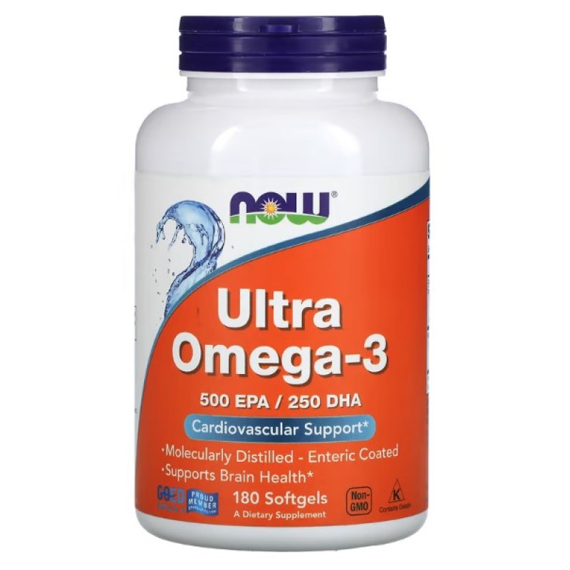 Ultra Omega 3 180 дражета Now Foods Поддържа когнитивната функция Влияе благоприятно на сърдечно-съдовата система Висока концентрация на EPA и DHA мастни киселини-500 EPA/250 DHA Молекулярно дистилиран-сто Ultra Omega 3 180 дражета Now Foods Поддържа когн