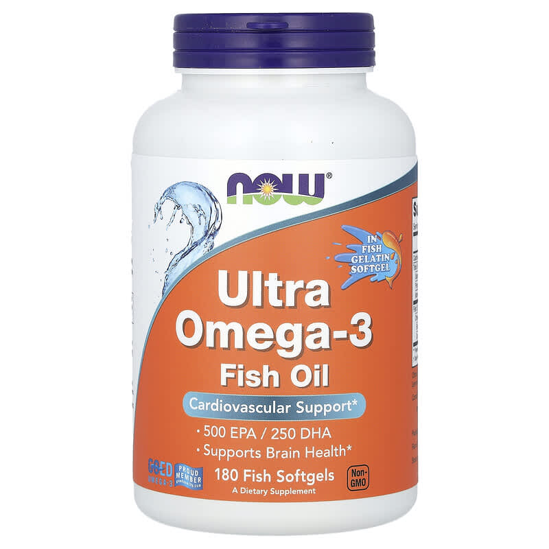 Ultra Omega 3 180 дражета Now Foods Поддържа когнитивната функция Влияе благоприятно на сърдечно-съдовата система Висока концентрация на EPA и DHA мастни киселини-500 EPA/250 DHA Молекулярно дистилиран-сто Ultra Omega 3 180 дражета Now Foods Поддържа когн