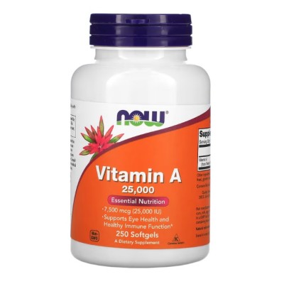 Vitamin A (25,000 IU) 250 гел-капсули | Now Foods За здравето на очите Подобрява качеството на зрението За защита на роговицата от изсъхване За оптимизация функциите на имунитета Спомага обмяната н Vitamin A (25,000 IU) 250 гел-капсули | Now Foods За здра