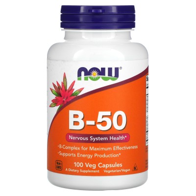Vitamin B-50 100 веге капсули | Now Foods Спомага за намаляване на умората Допринася за извършване на ментални процеси  Предразполага към нормални психологически функции (тиамин, фолат и биотин) Витам Vitamin B-50 100 веге капсули | Now Foods Спомага за н