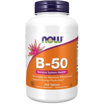 Витамин B-50 50мг 250 таблетки | Now Foods Поддържа нервната система Забавя процеса на стареене Поддържа косата и кожата здрава Използва се за лечение на различни вируси Подпомага функциите на черния др Витамин B-50 50мг 250 таблетки | Now Foods Поддържа 