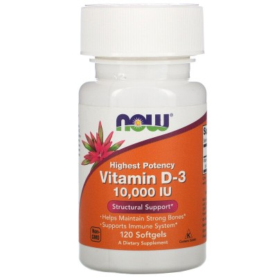Vitamin D-3 10,000 IU 120 гел-капсули | Now Foods Против остеопороза Подпомага костната система Стимулира абсорбирането на калций Срещу безплодие Има противораково въздействие Подпомага имунните функ Vitamin D-3 10,000 IU 120 гел-капсули | Now Foods Проти