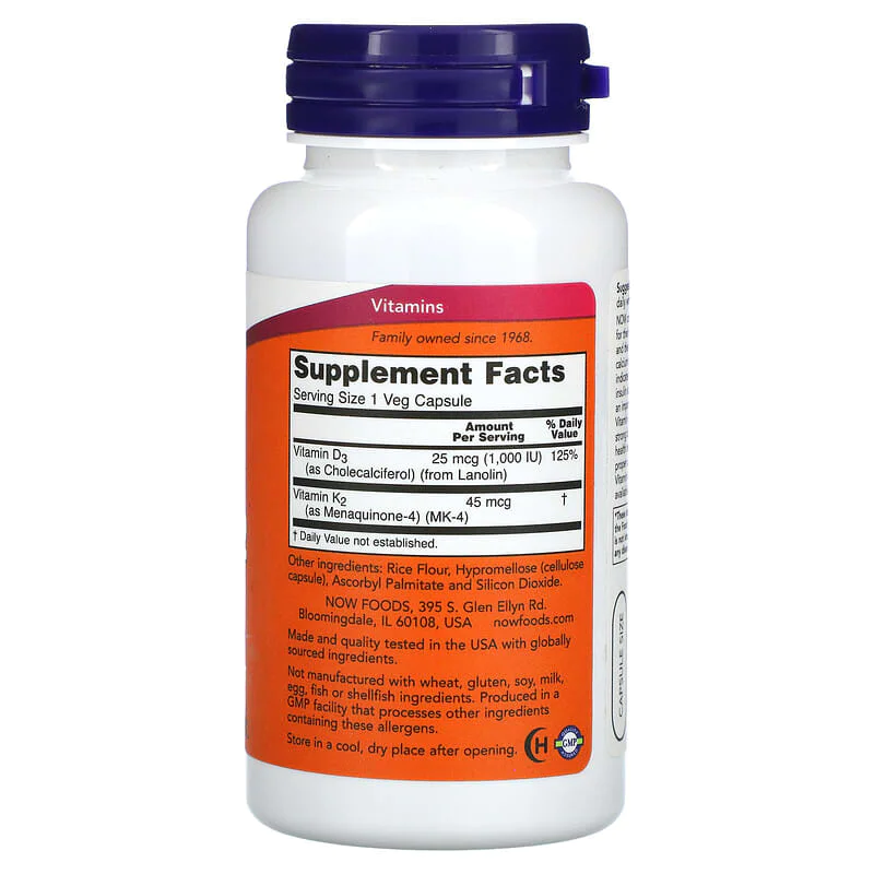 Vitamin D-3 & K-2 1000 IU/45 мкг 120 веге капсули | Now Foods Vitamin D-3 & K-2 1000 IU/45 мкг 120 веге капсули | Now Foods
