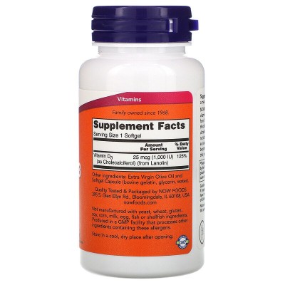 Vitamin D-3 1000 IU 180/360 гел-капсули | Now Foods За по-добър обмен на минерали в организма Спомага за правилното усвояване на калций, фосфор и магнезий За защита на стените на съдовете на кръвоносната Vitamin D-3 1000 IU 180/360 гел-капсули | Now Foods