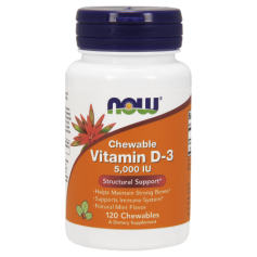 Vitamin D3 5000 IU Chewable 120 дражета | Now Foods Проявява антиканцерогенни свойства Регулира производството на някои хормони Нормализира работата на щитовидната жлеза Препятства образуването на атероскл Vitamin D3 5000 IU Chewable 120 дражета | Now Foo