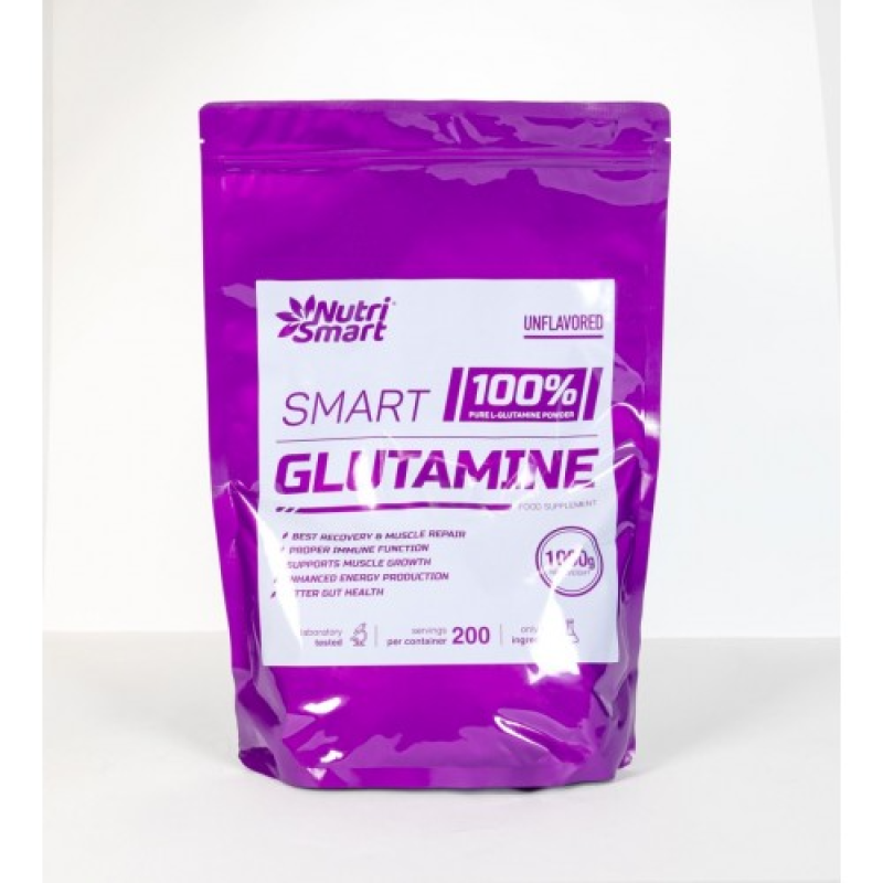 Glutamine 1000 гр | Nutri Smart Помага за повишаване на мускулната маса и подпомага възстановяването на мускулите след интензивни тренировки Повишава издръжливостта при тренировка Предотвратяват катаболизма Glutamine 1000 гр | Nutri Smart Помага за повиша