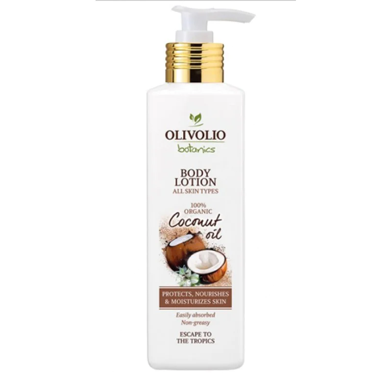 Coconut Oil Body Lotion 250 мл | Olivolio Изцяло натурален състав Предпазва, подхранва и овлажнява Лесно се абсорбира, не омазнява Идеален продукт за нормална до суха кожа 100% органично върджин кокосов Coconut Oil Body Lotion 250 мл | Olivolio Изцяло нат