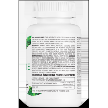 Zinc Picolinate 15 мг 150 таблетки | OstroVit Допринася за здрава кожа, коса и нокти Необходим за здрава имунна система Високо абсорбираща се премиум форма на цинк Мощен антиоксидант Без захар, сол, ниш Zinc Picolinate 15 мг 150 таблетки | OstroVit Доприн