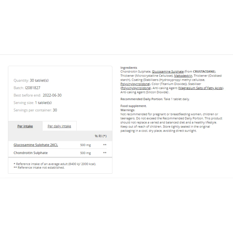 Glucosamine & Chondroitin 30 таблетки | Prozis Foods Glucosamine & Chondroitin 30 таблетки | Prozis FoodsПодобрява еластичността и подвижността на ставите
Предпазва от наранявания
Регенерира и защитава ставите
Намалява сковаността и в Glucosamine & Chondroitin 30 таблетки | Prozis Foods Подобрява еластичността и подвижността на ставите Предпазва от наранявания Регенерира и защитава ставите Намалява сковаността и възпаленията Обле Glucosamine & Chondroitin 30 таблетки | Prozis F