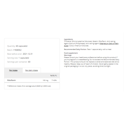 Riboflavin Vitamin B2 100 мг 60 капсули | Prozis Foods Участва в синтеза на гликоген Помага за усвояването на желязо Укрепва имунитета Спомага обмяната на веществата Помага при болест на Алцхаймер Вл Riboflavin Vitamin B2 100 мг 60 капсули | Prozis Foods 