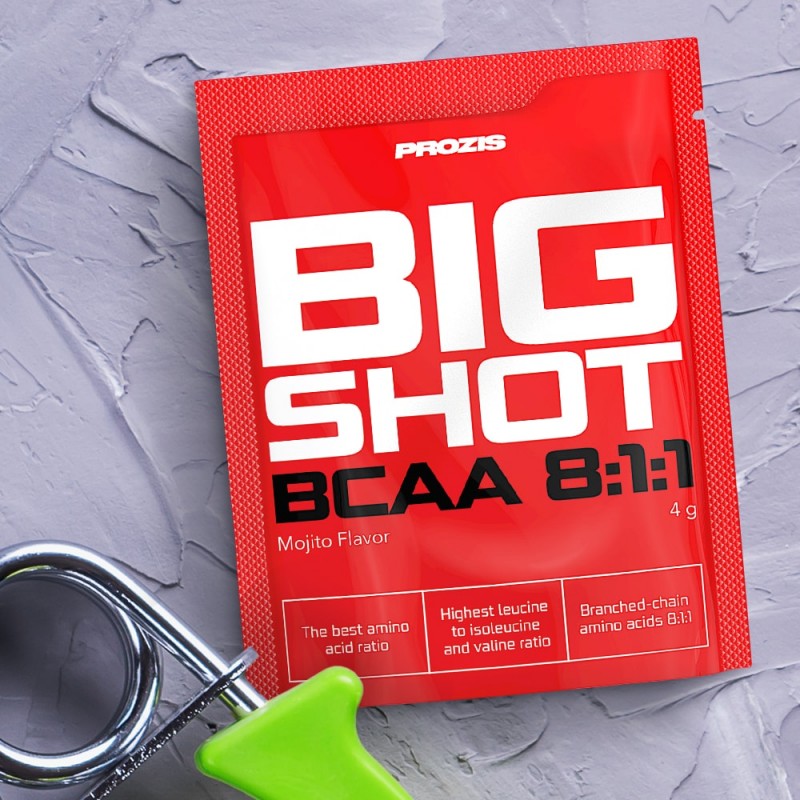 Big Shot - BCAA 8:1:1 Прах 4 гр | Prozis Sport Специална формула за спортисти Мощна доза левцин в удобна опаковка за еднократно ползване Добро средство за увеличаване на мускулната маса Предпазва от умора Big Shot - BCAA 8:1:1 Прах 4 гр | Prozis Sport Спе