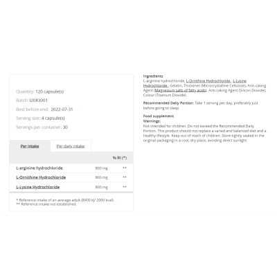 L-Arginine L-Ornithine L-Lysine 120 капсули | Prozis Sport За подсилване на имунните защити Комбинира три основни аминокиселини, L-аргинин, L-орнитин и L-лизин Лесна за приемане формула Намалява телес L-Arginine L-Ornithine L-Lysine 120 капсули | Prozis S
