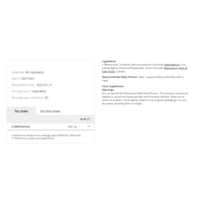 L-Methionine 500 мг 60 капсули | Prozis Sport Активно допринася за регулирането на метаболизма Намалява риска от сърдечно-съдови заболявания Поддържа здравето на черния дроб и подобрява елиминирането на токси L-Methionine 500 мг 60 капсули | Prozis Sport 