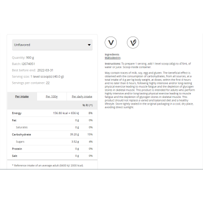 Малтодекстрин на прах (Maltodextrin) 900/2000 гр |  Prozis Sport За възстановяване след интензивно натоварване Повишава силата и издръжливостта Богат на бързи въглехидрати Висок гликемичен ин Малтодекстрин на прах (Maltodextrin) 900/2000 гр |  Prozis Spor