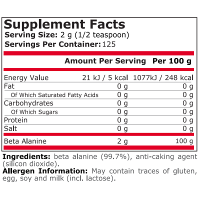 Beta-Alanine неесенциална аминокиселина на прах 250/500 гр | Pure Nutrition Подобрява издръжливостта по време на тренировка Придава енергия За повече сила Възстановява тялото по-бързо Какво знаем за Beta-Alanine неесенциална аминокиселина на прах 250/500 