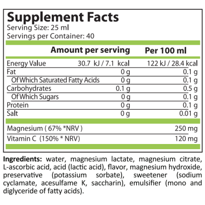 Магнезий + Вит C 1000 мл | Pure Nutrition Подобрява функцията на нервната система и мускулните съкращения Важен за образуването на енергия  Регулира нивата на кръвната захар и холестерола Съдейства за Магнезий + Вит C 1000 мл | Pure Nutrition Подобрява фу