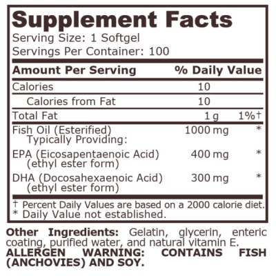 Рибено масло 400 EPA/300 DHA 100 гел капсули | Pure Nutrition Помага за здраво сърце Стимулира имунната система Подобрява съотношението между лошия и добрия холестерол в тялото Полезно за мозъка, костите и Рибено масло 400 EPA/300 DHA 100 гел капсули | Pu