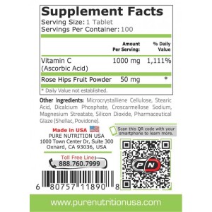 Vitamin C-1000 + Rose Hips 100 таблетки | Pure Nutrition