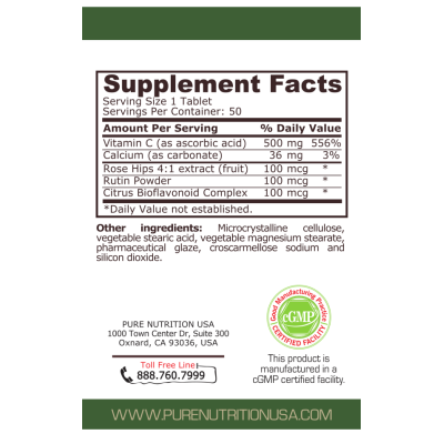 Vitamin C-500 with Rose Hips 500 мг 50 таблетки | Pure Nutrition Притежава антибактериално действие Пръв помощник в борбата с вируси и бактерии Поддържа доброто здраве Мощен антиоксидант Витамин Ц 500 м Vitamin C-500 with Rose Hips 500 мг 50 таблетки | Pu
