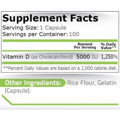 Vitamin D3 5000 IU 100 капсули | Pure Nutrition Осигурява достатъчно количество витамин Д в доза Поддържа костната система и имунитета Предпазва от сложни заболявания Срещу множествена склероза Подпомаг Vitamin D3 5000 IU 100 капсули | Pure Nutrition Осиг