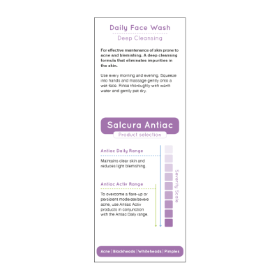 Antiac Daily Face Wash 150 мл - почистваща пяна за лице с проблемна кожа Серията Antiac Daily на Salcura е специално създадена, за да поддържа кожата чиста и да намали появата на пъпки. Тя предлага две възможност Antiac Daily Face Wash 150 мл - почистваща