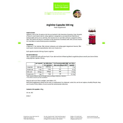 Arginine (Аргинин) 500 мг 150 капсули | Sanct Bernhard Увеличава нивата на тестостерона Подпомага уголемяването на мускулната маса Помага при проблеми с репродуктивните функции Поддържа здравето на сърдечн Arginine (Аргинин) 500 мг 150 капсули | Sanct Ber