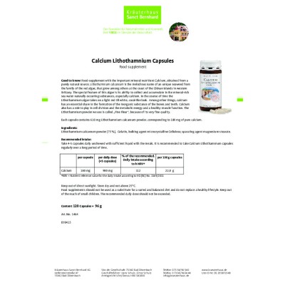 Calcium Lithothamnium (Калций) 120 капсули | Sanct Bernhard Calcium Lithothamnium (Калций) 120 капсули | Sanct BernhardСпомага при изграждането на здрави кости, зъби и нокти
Намалява болката и сковаността при хора, които страдат от остеопороза
Calcium Lithothamnium (Калций) 120 капсули | Sanct Bernhard Спомага при изграждането на здрави кости, зъби и нокти Намалява болката и сковаността при хора, които страдат от остеопороза Запазва костната структ Calcium Lithothamnium (Калций) 120 капсули | S