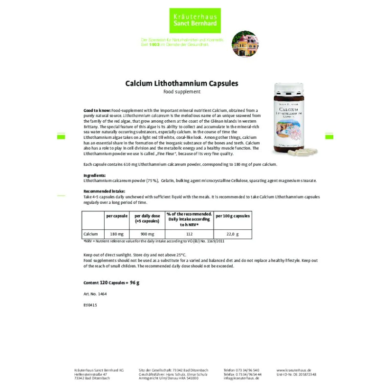 Calcium Lithothamnium (Калций) 120 капсули | Sanct Bernhard Calcium Lithothamnium (Калций) 120 капсули | Sanct BernhardСпомага при изграждането на здрави кости, зъби и нокти
Намалява болката и сковаността при хора, които страдат от остеопороза
Calcium Lithothamnium (Калций) 120 капсули | Sanct Bernhard Спомага при изграждането на здрави кости, зъби и нокти Намалява болката и сковаността при хора, които страдат от остеопороза Запазва костната структ Calcium Lithothamnium (Калций) 120 капсули | S