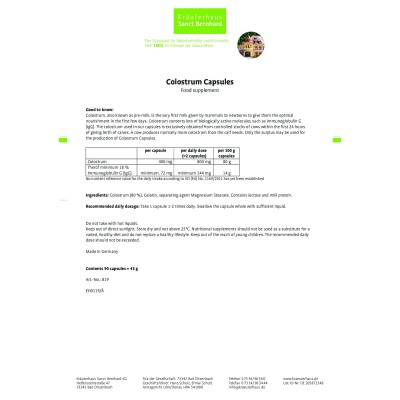 Colostrum 90 капсули | Sanct Bernhard Укрепва естествената имунна система на организма Предоставя на тялото широк спектър от имунни, природни протеини, включително имуноглобулин G в допълнение към този, който си Colostrum 90 капсули | Sanct Bernhard Укреп