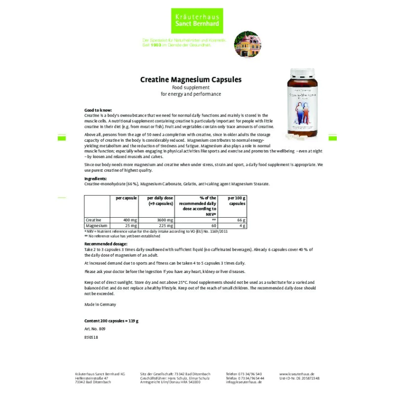 Creatine-Magnesium 200 капсули | Sanct Bernhard Creatine-Magnesium 200 капсули | Sanct Bernhard