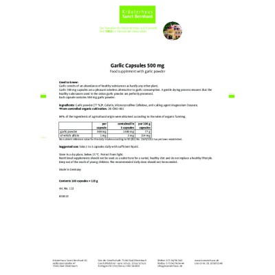 Garlic (Чесън) 500 мг 180 капсули | Sanct Bernhard Силни антиоксидантни свойства Подпомага имунната система в борбата с вируси и инфекции Намалява холестерола Подпомага храносмилането и стомашно-чревния тр Garlic (Чесън) 500 мг 180 капсули | Sanct Bernhar