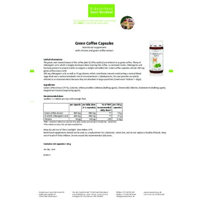 Green Coffee (Зелено кафе) 120 капсули | Sanct Bernhard Green Coffee (Зелено кафе) 120 капсули | Sanct BernhardЕстествен антиоксидант, помага за подобряване на общото здравословно състояние
Помага за подобряване на метаболизма
Допринася по безо Green Coffee (Зелено кафе) 120 капсули | Sanct Bernhard Естествен антиоксидант, помага за подобряване на общото здравословно състояние Помага за подобряване на метаболизма Допринася по безопасен и ефективен н Green Coffee (Зелено кафе) 120 капсули | Sanct