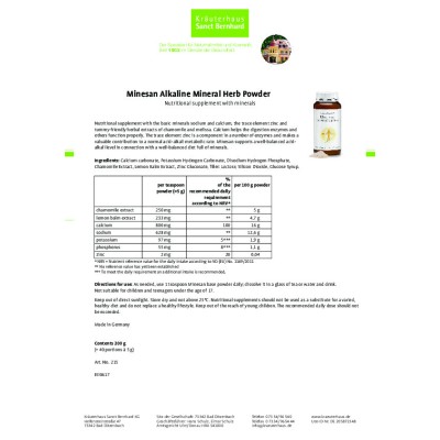 Minesan  Alkaline Mineral Herb прах 200 гр | Sanct Benrhard Хранителна добавка, съдържаща алкални минерали натрий, калций и цинк Минесан поддържа балансиран киселинно-алкален баланс Препоръчва се при аци Minesan  Alkaline Mineral Herb прах 200 гр | Sanct 